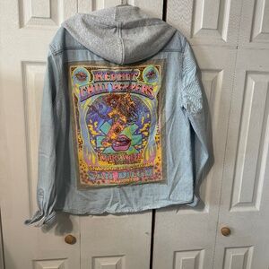Red Hot Chili Peppers Upcycled Back Graphic T-Shirt on Hooded Denim Jacket - L